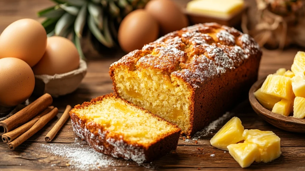 Freshly baked pineapple quick bread loaf on a rustic table with a slice showing its soft interior and tropical ingredients.