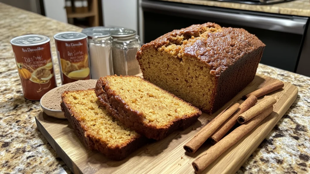 Freshly baked Libby’s pumpkin bread sliced and ready to serve, showcasing a golden-brown crust and moist interior, perfect for fall