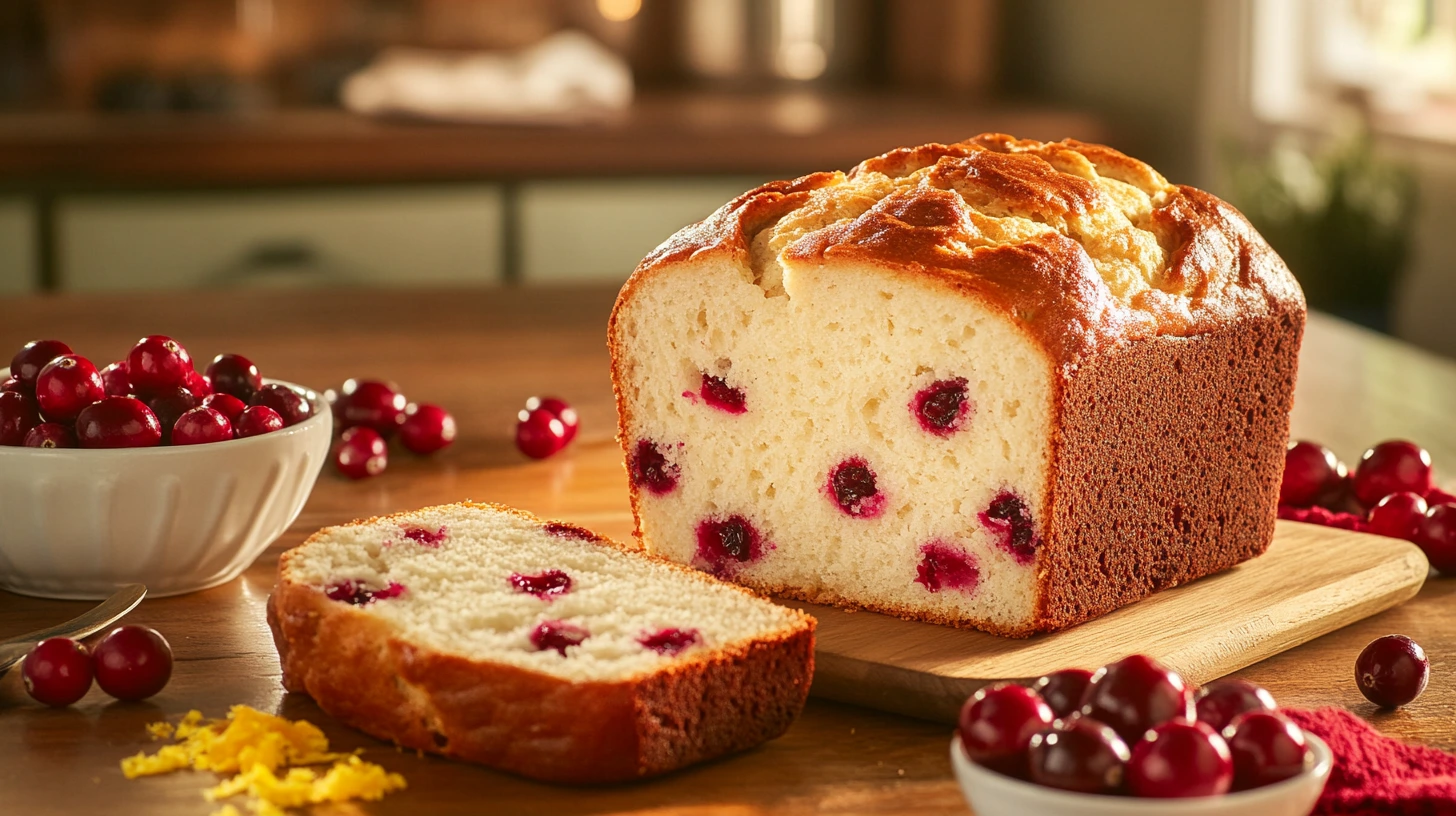 Freshly baked Ocean Spray cranberry bread with a slice cut to reveal the fluffy interior, surrounded by fresh cranberries and orange zest.