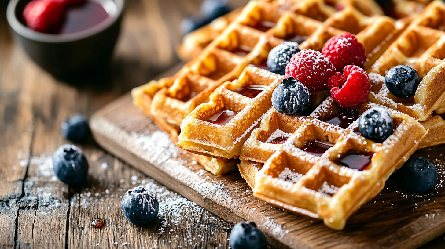 Delicious milk-free waffles topped with fresh berries and maple syrup, showcasing a crispy exterior and fluffy texture, perfect for a waffle recipe no milk.