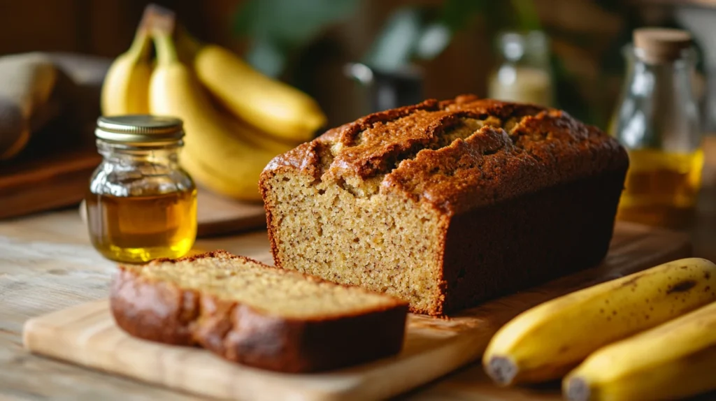 Freshly baked banana bread no butter, sliced to reveal its moist texture, with ripe bananas and a bottle of olive oil on a rustic kitchen counter.
