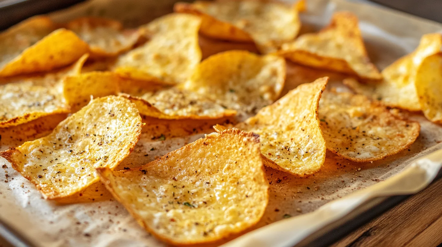 Cottage cheese chips on a parchment-lined tray, golden and crispy, made with simple low-carb ingredients