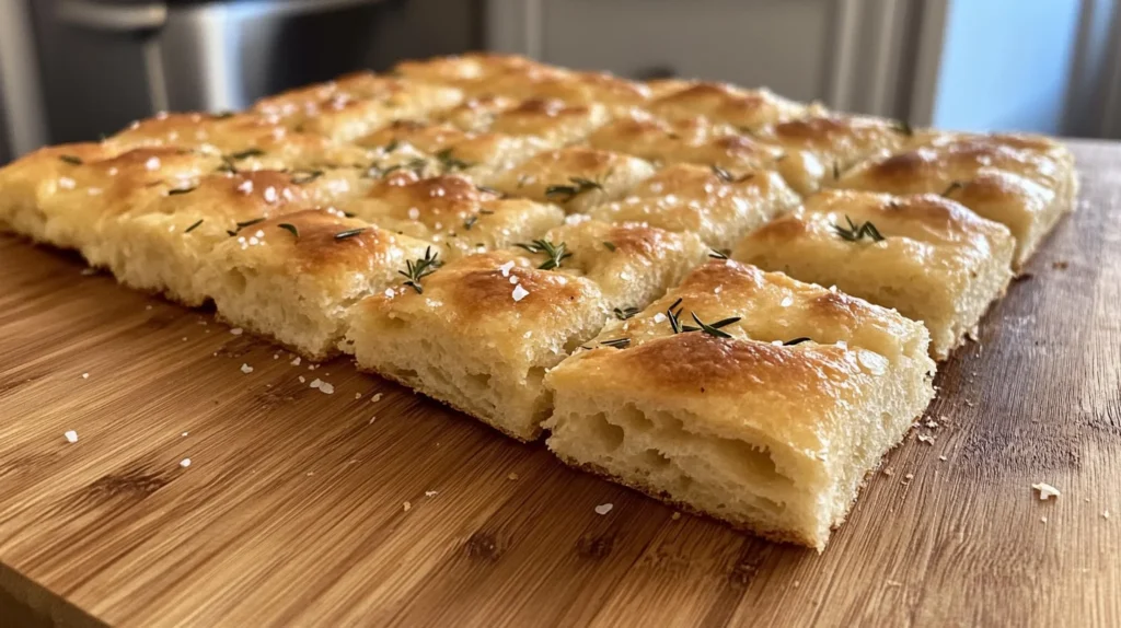 Freshly baked sourdough discard focaccia with golden crust, rosemary topping, and airy texture on a wooden table.