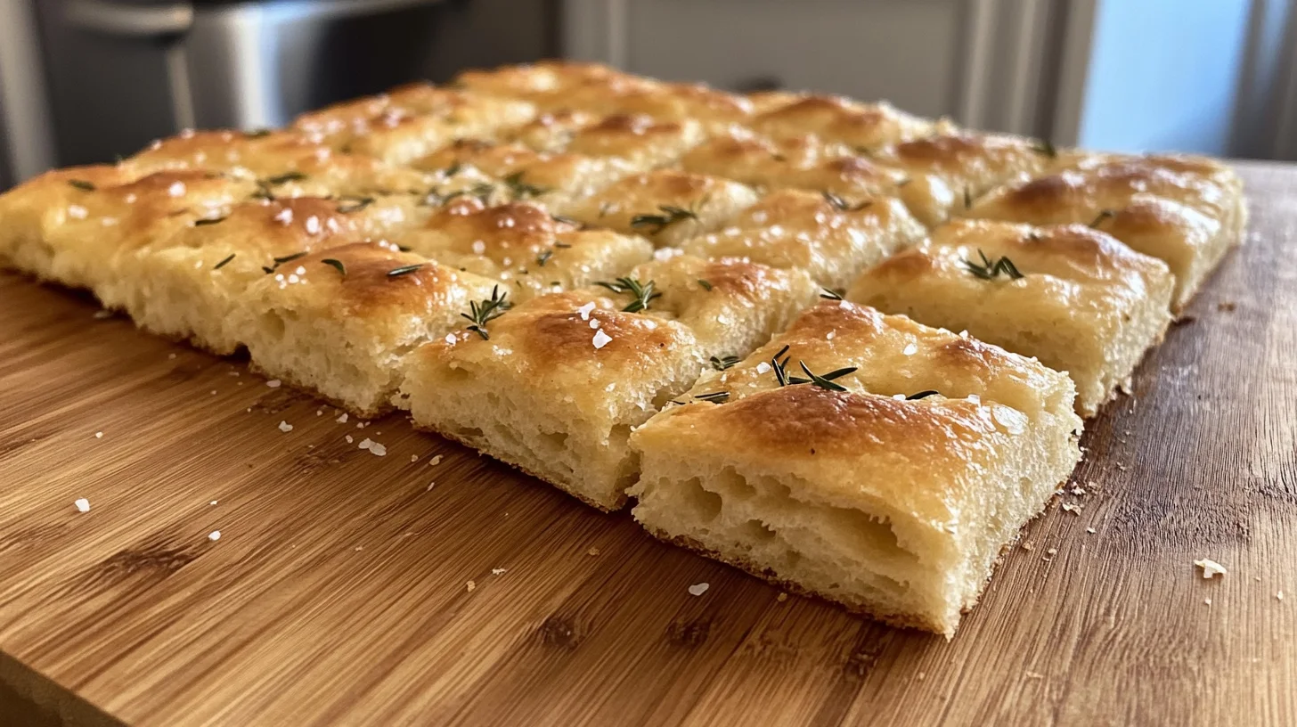 Freshly baked sourdough discard focaccia with golden crust, rosemary topping, and airy texture on a wooden table.