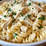 Buffalo Wild Wings Garlic Parmesan Chicken Pasta served in a bowl, topped with parsley and Parmesan.