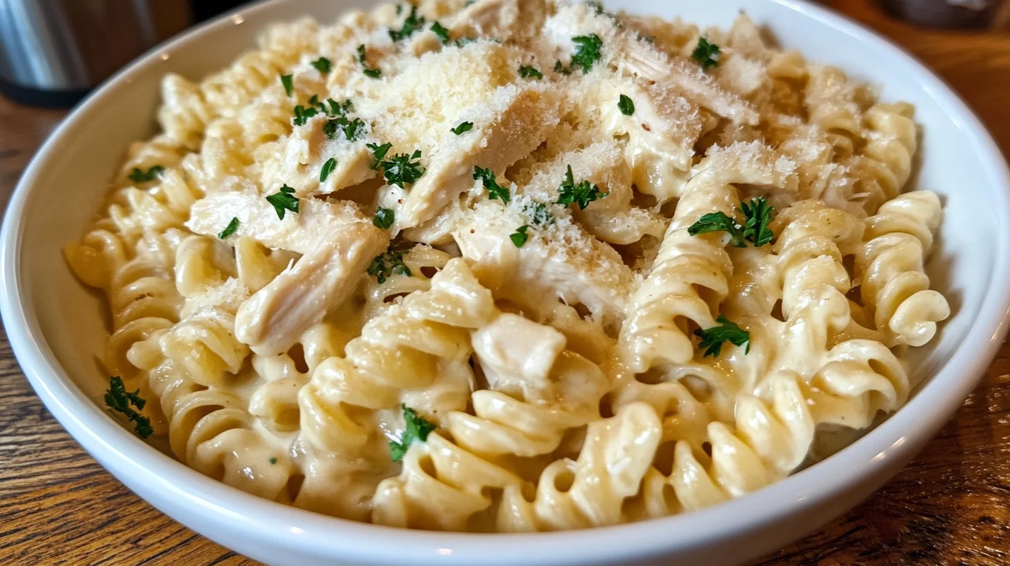 Buffalo Wild Wings Garlic Parmesan Chicken Pasta served in a bowl, topped with parsley and Parmesan.