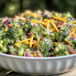 Chicken Salad Chick broccoli salad in a white bowl with bacon, cheddar, and creamy dressing on a wooden table
