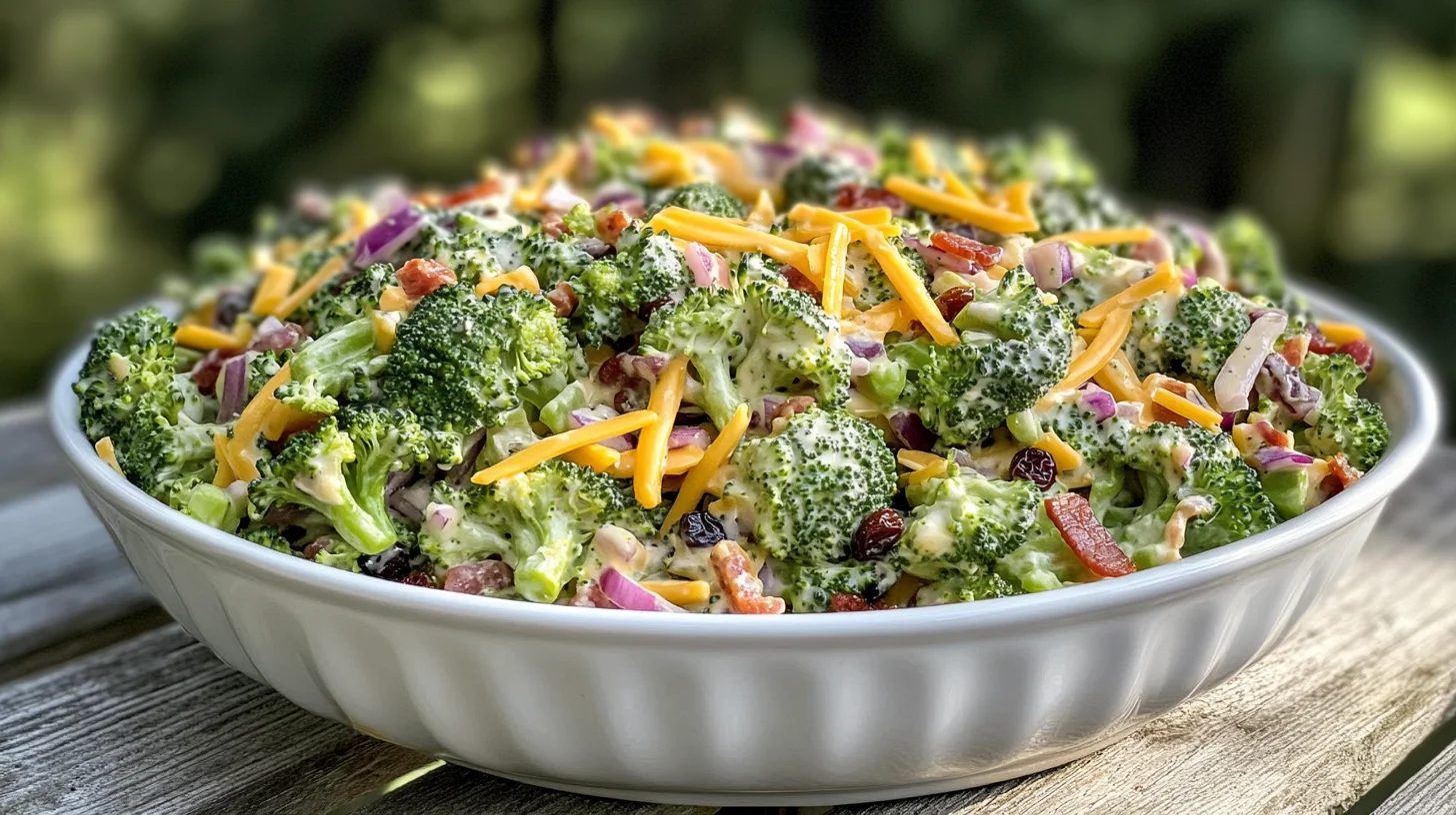 Chicken Salad Chick broccoli salad in a white bowl with bacon, cheddar, and creamy dressing on a wooden table