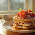 Stack of crispy waffles topped with strawberries and syrup from a waffle recipe without milk, served on a breakfast plate