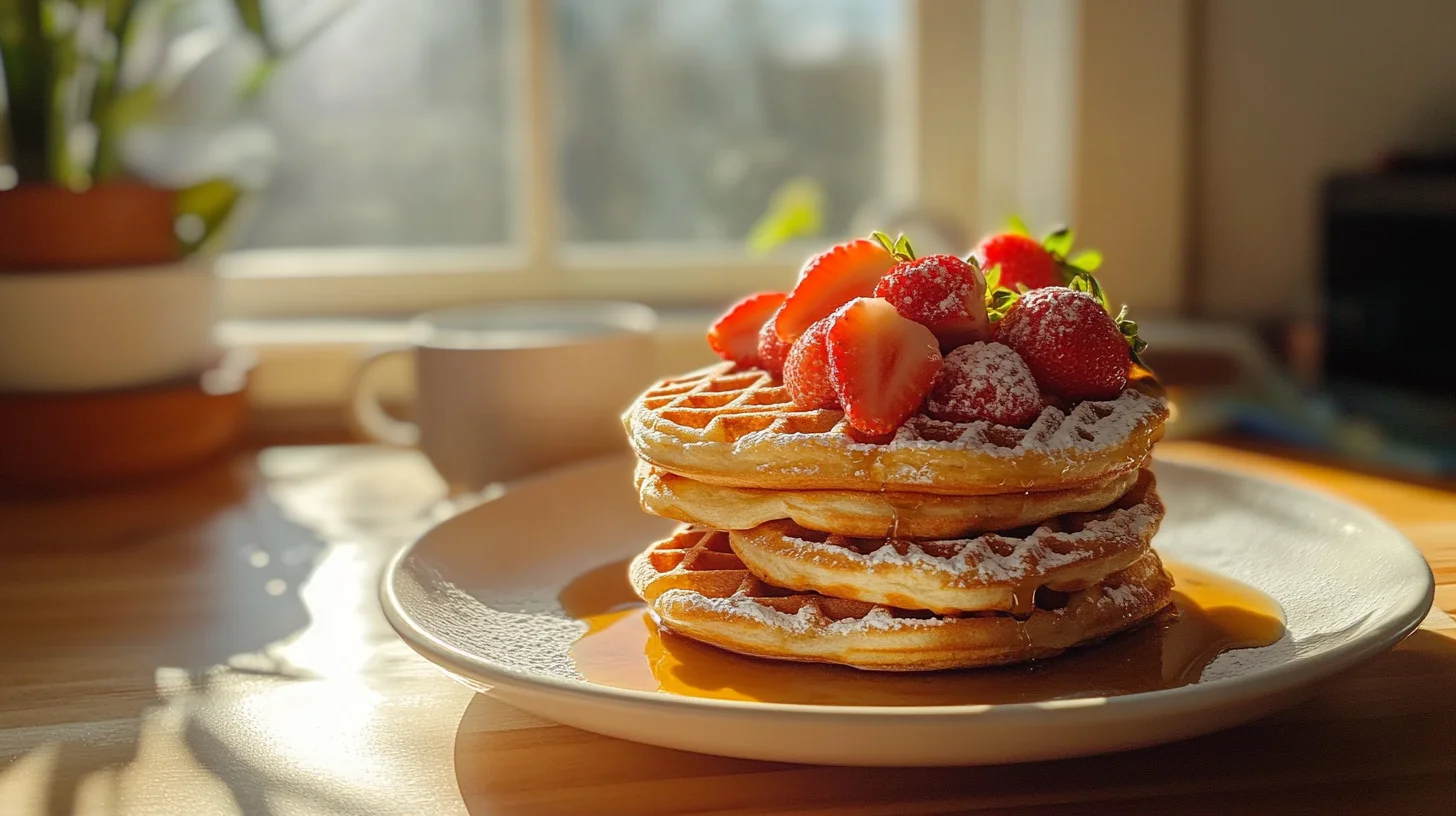 Stack of crispy waffles topped with strawberries and syrup from a waffle recipe without milk, served on a breakfast plate