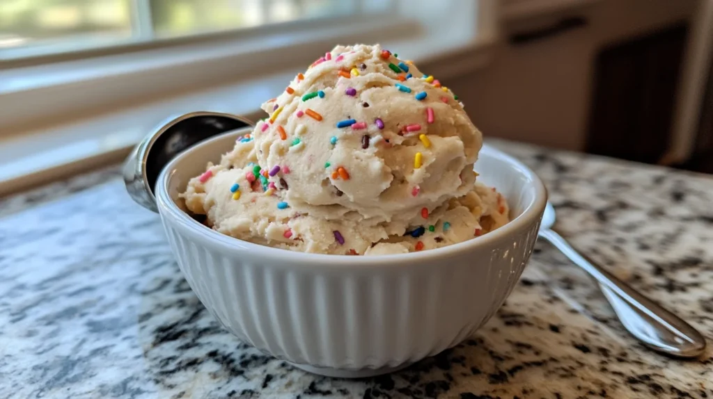 A bowl of edible sugar cookie dough with colorful sprinkles, ready to eat, on a kitchen counter