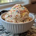A bowl of edible sugar cookie dough with colorful sprinkles, ready to eat, on a kitchen counter