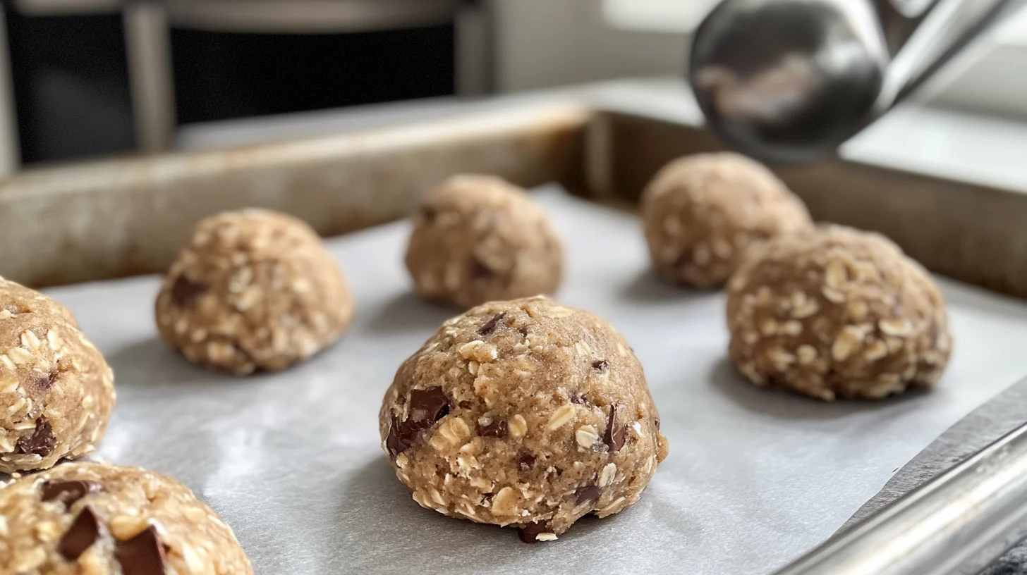 Freshly baked cookies on a tray made from a Chick-fil-A cookie recipe, with visible chocolate chunks and oats.