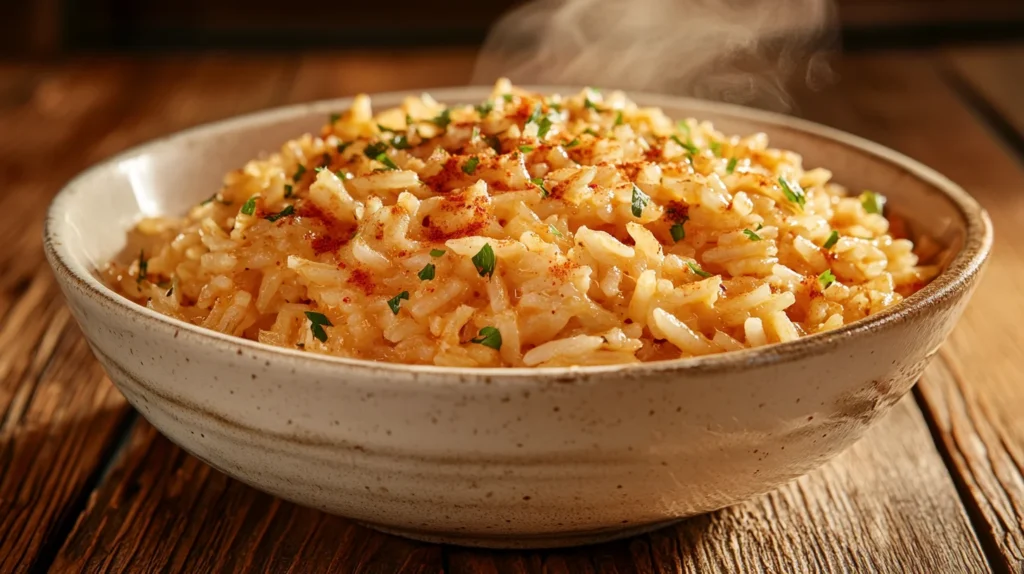 Bowl of Texas Roadhouse seasoned rice with herbs and spices on a wooden table